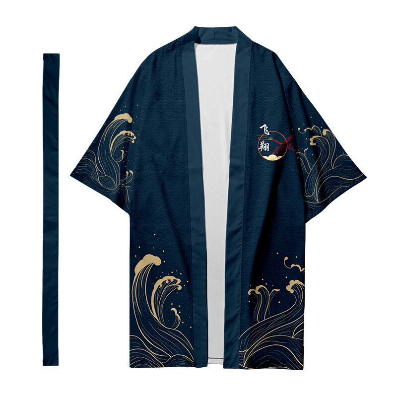Męska japońska długa kardigan Kimono męska samuraj kostium Kimono fajerwerki wzór Kimono koszula Yukata zewnętrzny klosz