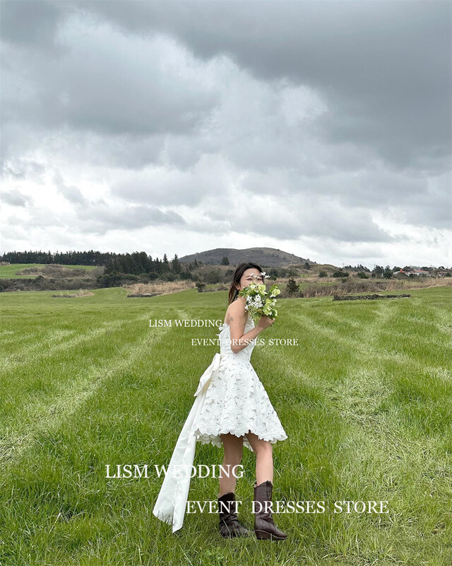 فساتين سهرة دانتيل من LISM-Bow ، ثوب زفاف بلا أكمام ، فستان زفاف قصير عاري الظهر ، تصوير كوري