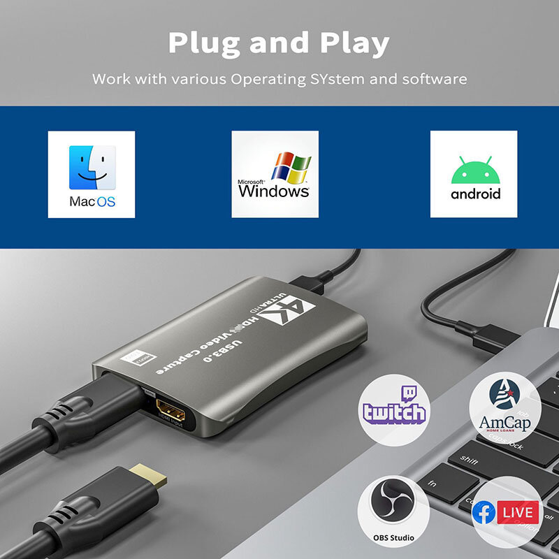 Carte de capture vidéo HD, USB 3.0, sortie en boucle pour HDMI, compatible avec audio, micro, streaming PS4 5, capture de jeu Nintendo Switch, 4K, 60 ips