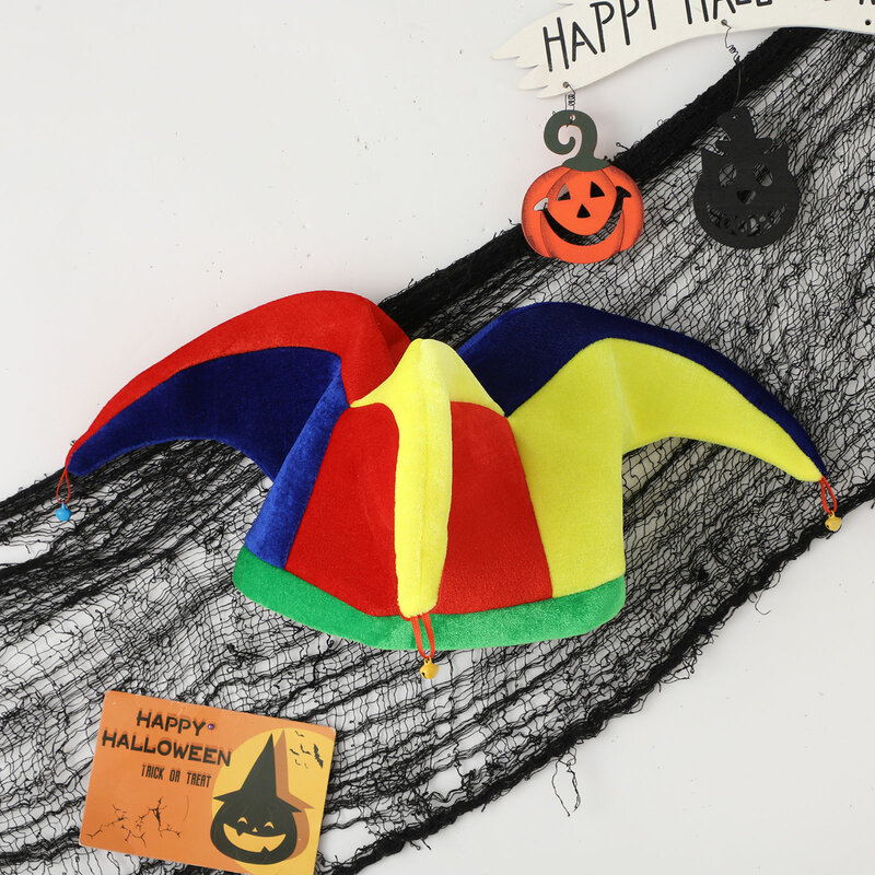 Halloweenowy kapelusz tęczowy dla dorosłych wielokolorowe panele z wieloma szczytami dzwonki błazen kapelusz Mardi Gras impreza Cosplay cyrk akcesoria