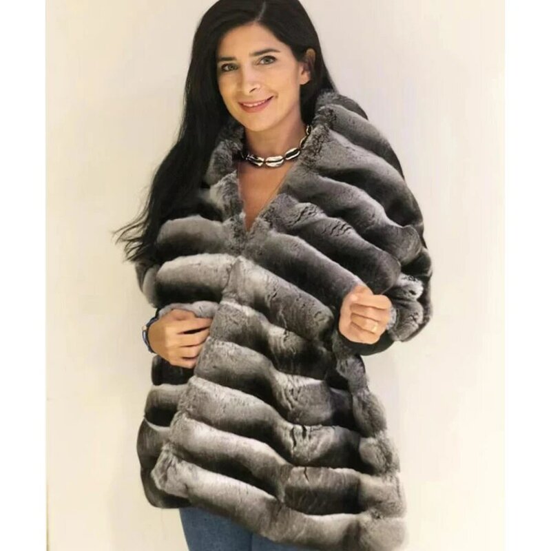 Real Rex Rabbit Fur Shawls For Women Fashion Chinchilla Color Poncho Luxury Winter 2023 Fur Shawl Long