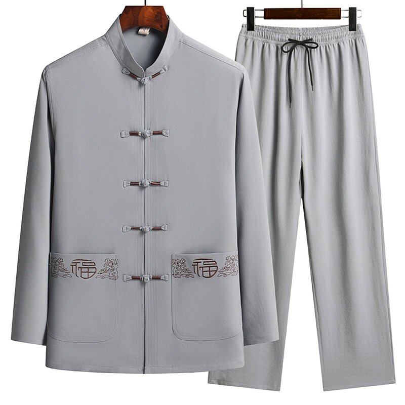 남성용 중국 전통 의류 세트, 리넨 버클 쿵푸 셔츠, 오리엔탈 레트로 상의 바지, 태극권 통기성 유니폼, 한푸