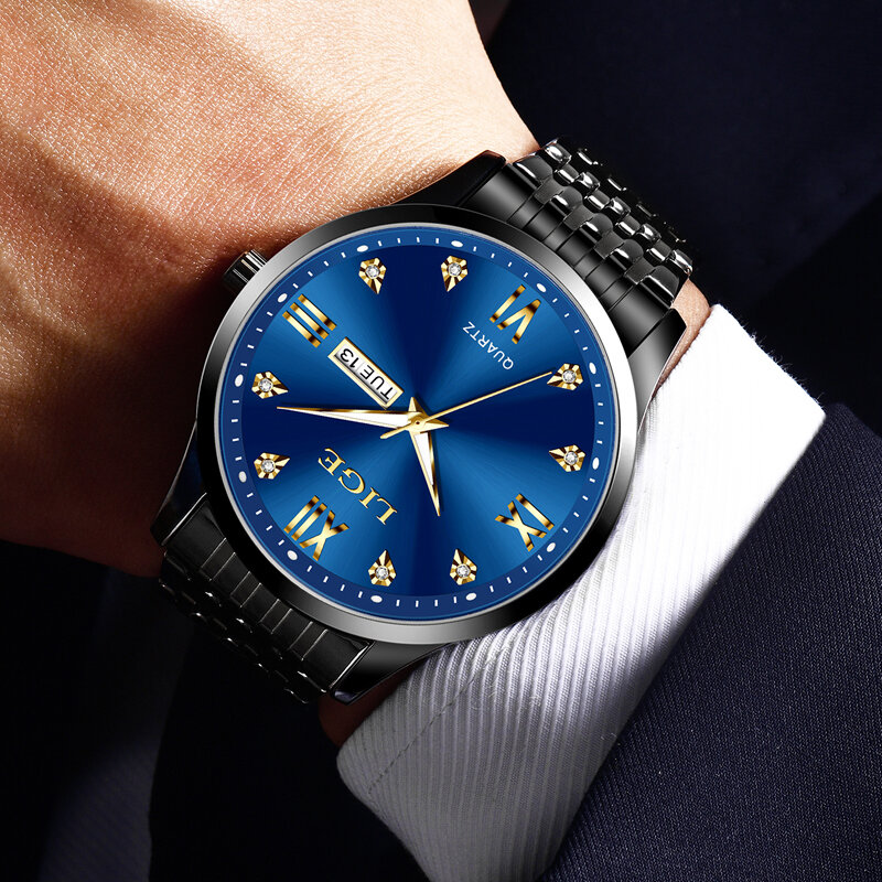 LIGE Fashion luksusowe zegarki kwarcowe Top marka biznesowy zegarek na pasku ze stali nierdzewnej dla mężczyzn wodoodporny świecący zegarek z kalendarzem