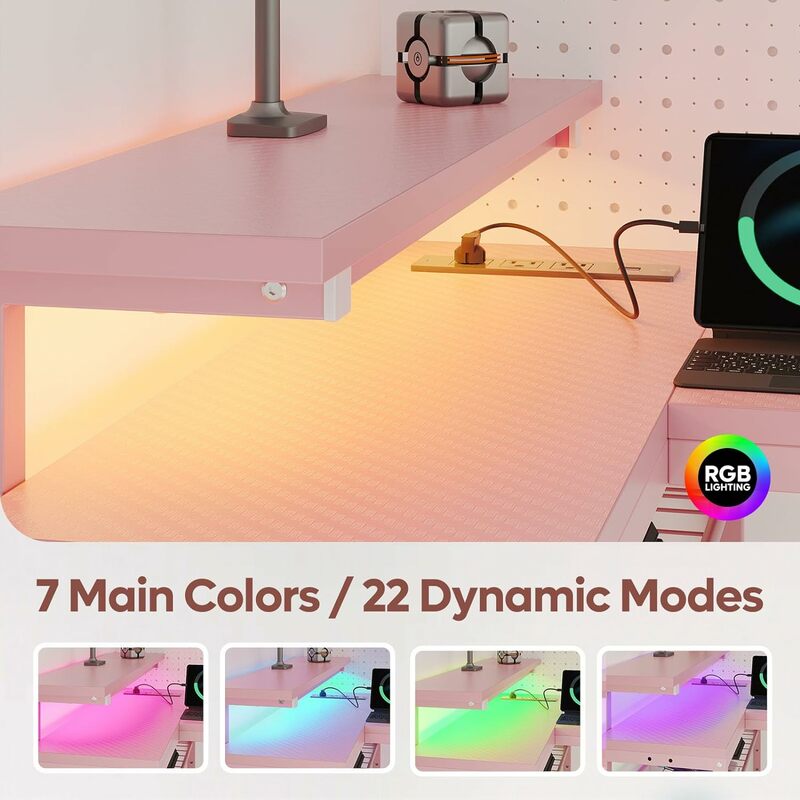 L Shaped Gaming Desk with Power Outlets,58 LED Small Corner Desk with Reversible Storage Shelves,Pink Computer Desk