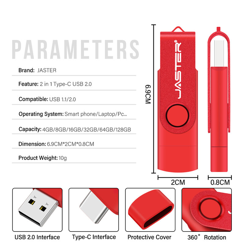 JASTER-Vermelho Rotativo USB Flash Drive, Pen Drive, Tipo-C USB Stick, Presente Criativo, Frete Grátis, USB 2.0, 64GB, 32GB, 16GB, 8GB, 128GB