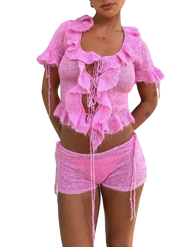 Женский укороченный топ с цветочным принтом, с открытыми плечами и шорты с высокой талией и оборками на подоле, летний пляжный костюм