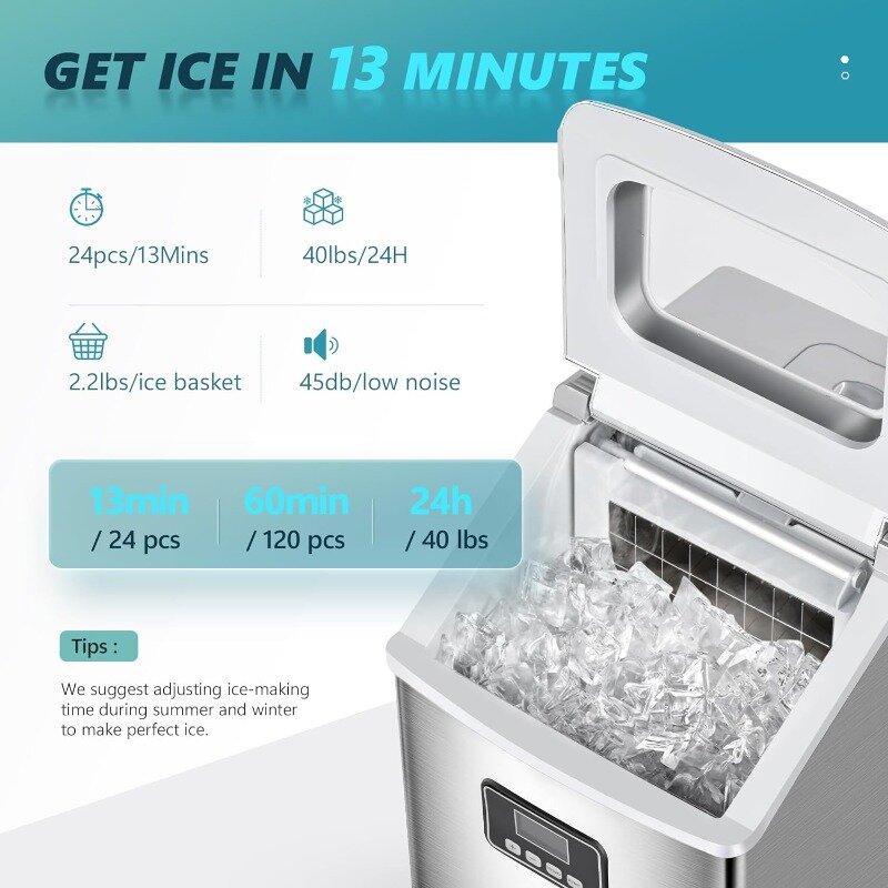 Euomy-صانع الثلج كونترتوب ، آلة صنع الثلج المدمجة المحمولة ، التنظيف الذاتي التلقائي ، 24 صف ثلج 13 دقيقة ، 40 رطل ، 24 ساعة
