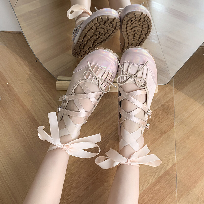 Fashion crossover lace-up ballet shoes spring new personalized women's single shoe puff shoes cute style dancing shoes women
