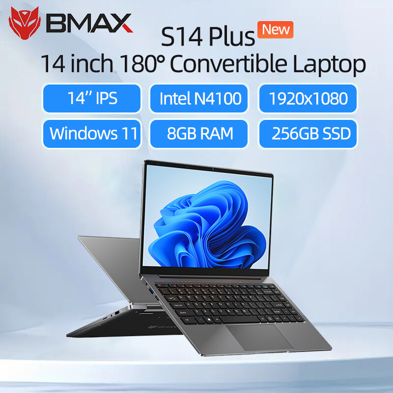 BMAX S14 Plus Laptop Windows 11 MaxBook, RAM 8GB LPDDR4 256GB SSD 14 inci 1920 × 1080 FHD tampilan IPS Intel N4100 CPU 10000mAh/