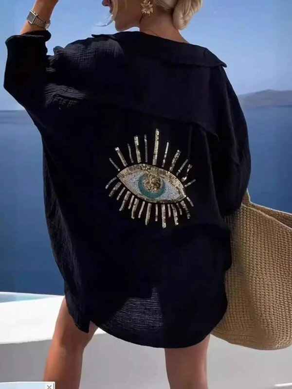 Camicia Casual con paillettes da donna estiva camicia da donna di media lunghezza in cotone e lino con bottoni larghi stile spiaggia moda donna