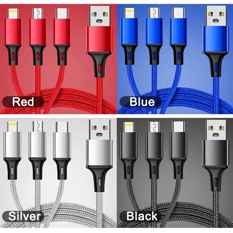 Зарядный кабель 3 в 1 USB Type-C, нейлоновый Плетеный универсальный кабель для зарядки и передачи данных для iphone 14, Xiaomi, Huawei Mate 40