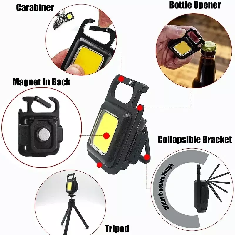 미니 LED 손전등 키체인, 다기능 휴대용 COB 캠핑 램프, USB 충전 작업 조명, 낚시 랜턴, 100-800LM