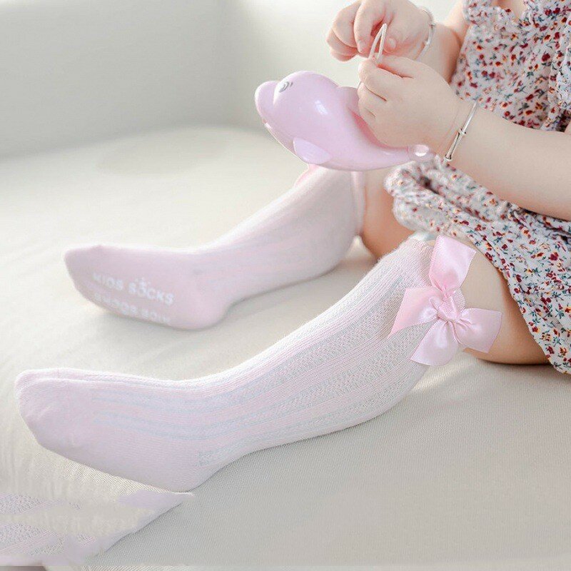 Meias de algodão macio para bebês, arco bonito, joelho alto, longo, antiderrapante, criança doce, crianças, infantil, crianças, 0-4Years