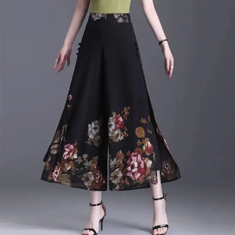 Calça feminina de perna larga em chiffon vintage estilo chinês, estampa de cintura alta, bolso patchwork, botão, calça reta recortada, verão