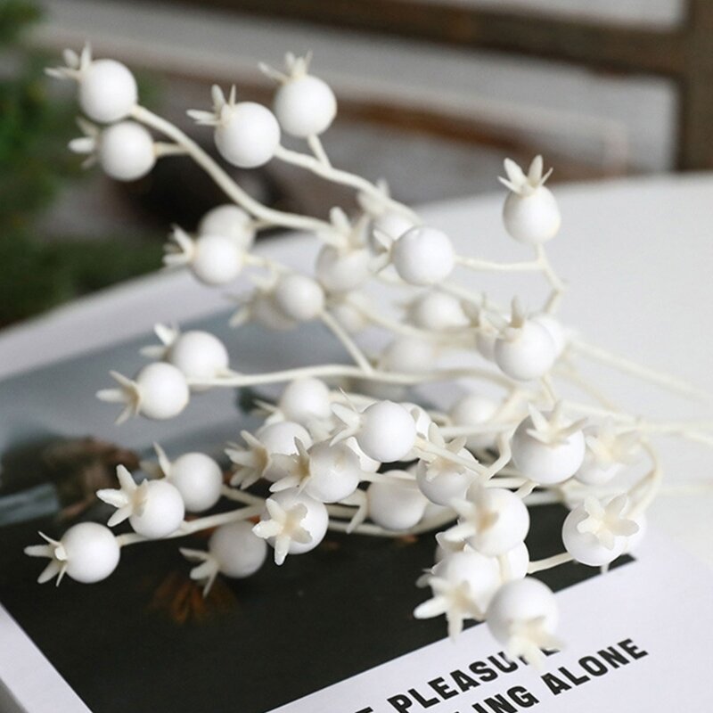10 Uds. tallos bayas blancas artificiales, decoraciones ramas flores y frutas espuma navideña