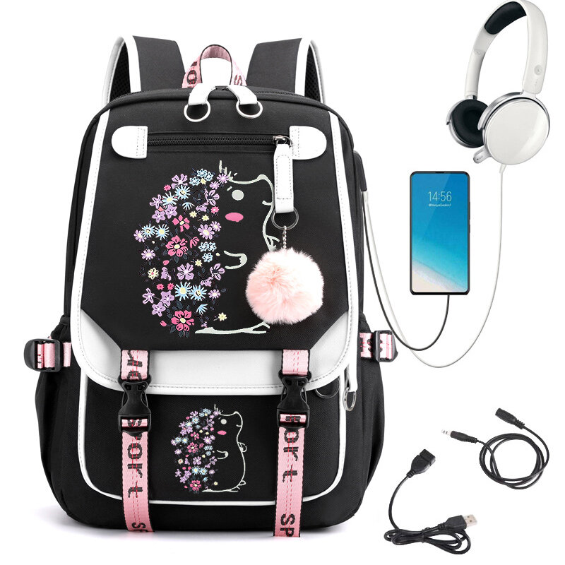 Floral Hedgehog Anime Schoolbag for Girls Large Student Backpack High School Student Backpack Bags Cartoon Bagpack Usb Bagpack