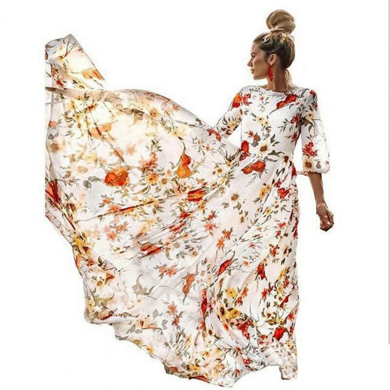 Robe de soirée longue à imprimé floral pour femmes, robe maxi élégante, ligne A, grande balançoire, taille haute, demi-manches, douce