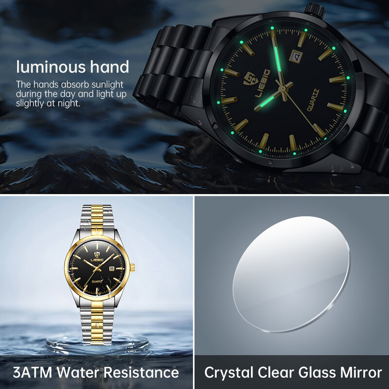 LIEBIG Quartz movement Wristwatch Clock Female Male Luxury Golden Full Steel Watches Mens Casual 3Bar Waterproof reloj hombre