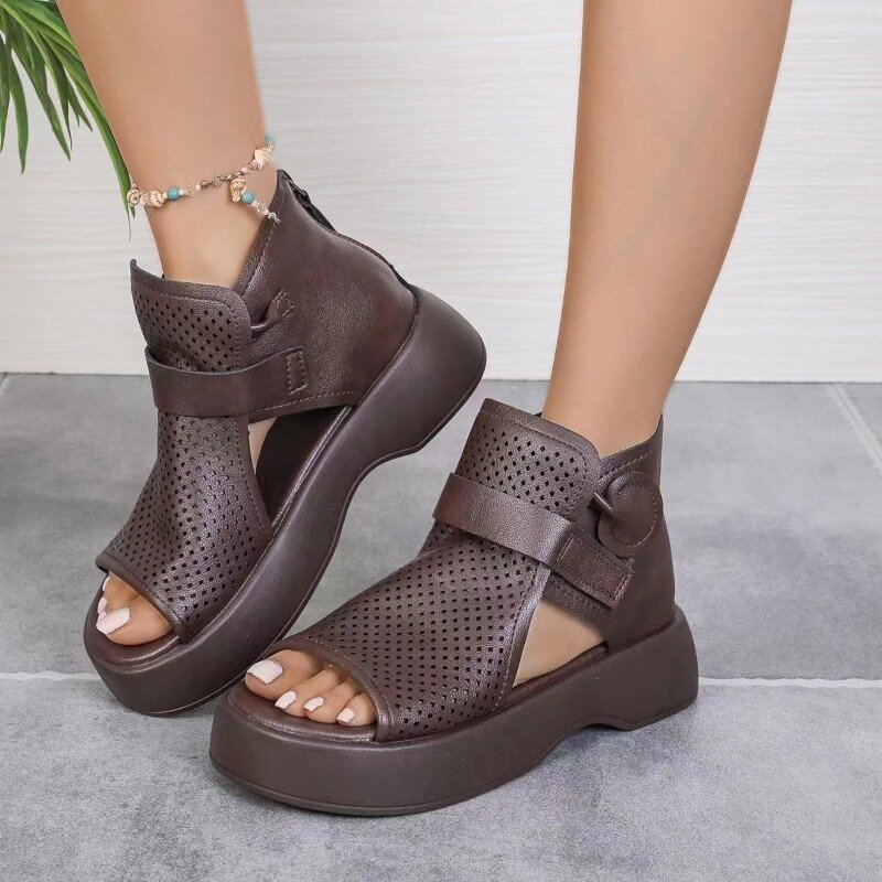 Summer Women Sandals Shoes Platform Sandals Leather Lace-up Martin Boots Chunky Lace-Up Retro Sewing Handmade Concise Sandals