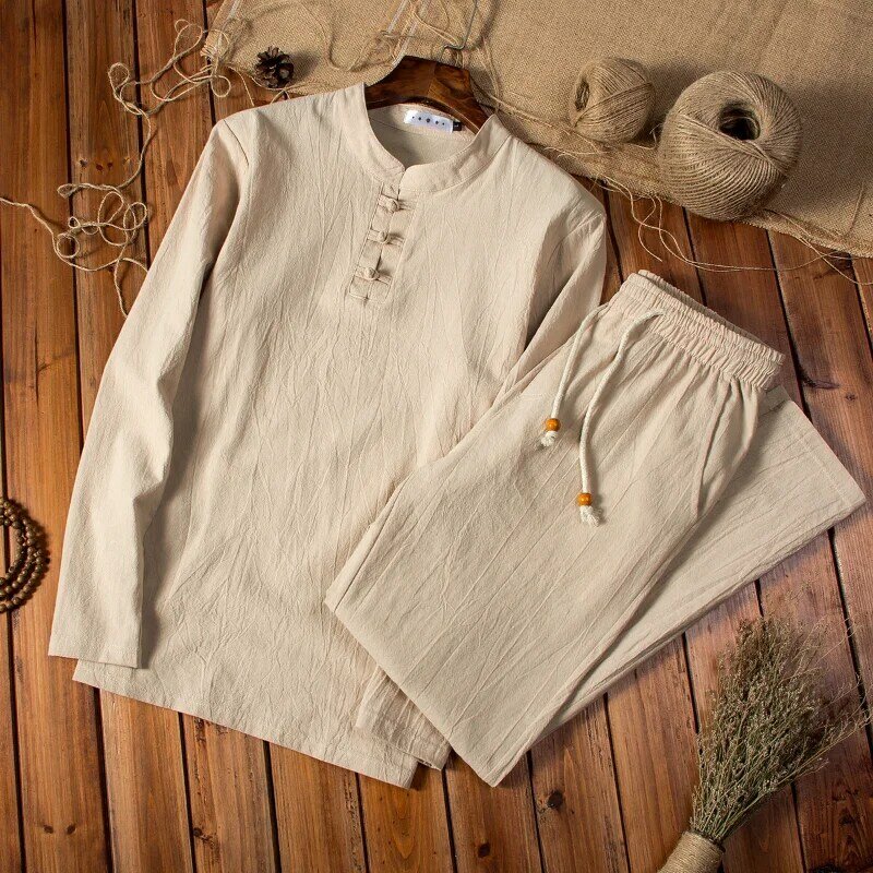 (Camicia + pantaloni) camicia da uomo in stile cinese primaverile camicie in cotone e lino camicie Casual da uomo un Set di vestiti taglia