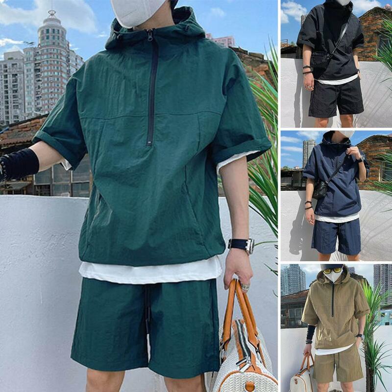 Workwear Inspired Men Outfit Men's Casual Hooded T-shirt Wide Leg Shorts Set Solid Color Loose Fit Outfit with Zipper for A