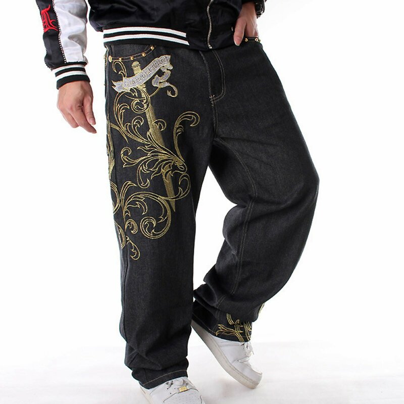 Heren Baggy Jeans Broek Wijde Pijpen Mode Borduurwerk Straight Jeans Skateboarder Hiphop Y 2K Casual Denim Broek Voor Mannen Kleding