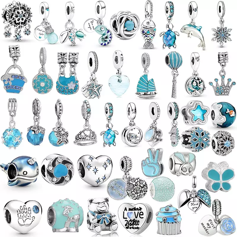 Versilberte hellblaue Serie Anhänger Charm Perlen für Pandora Halskette Armband Schlüssel bund DIY feinen Schmuck Muttertag Geschenk