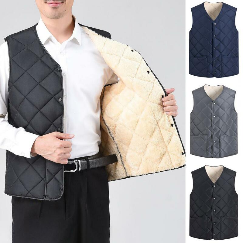 Men Autumn Winter Down Padding Vest with Pocket Button Closure V-Neck Solid Color Cold-proof Sleeveless Jacket Vest