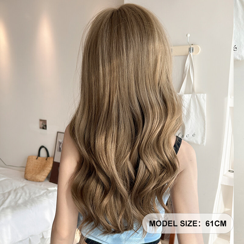 7JHH WIGS Costume Wig Synthetic Layered Honey Blonde Wig for Women Fashion Body Wavy Brown Wigs with Fluffy Bangs High Density