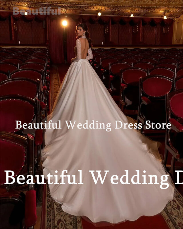 Beautiful Dress Women Luxury Wedding Dress Shiny Sequin High Neck Long Sleeves Backless A-Line Floor-Length Satin Bridal Gown