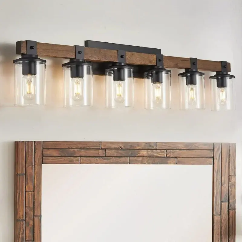 Meja rias kamar mandi 6-lampu, perlengkapan rumah tangga di atas cermin, kayu klasik dengan naungan kaca bening, HITAM
