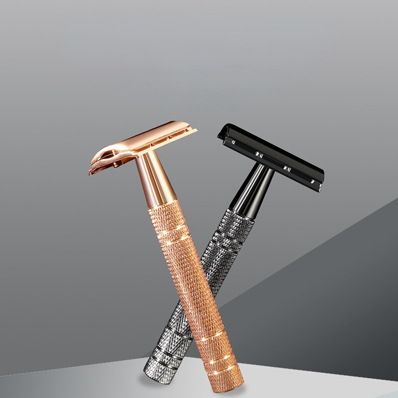 Maquinilla de afeitar clásica de doble filo para hombre y mujer, hojas de afeitado de oro rosa, afeitadora Manual de estilo Retro