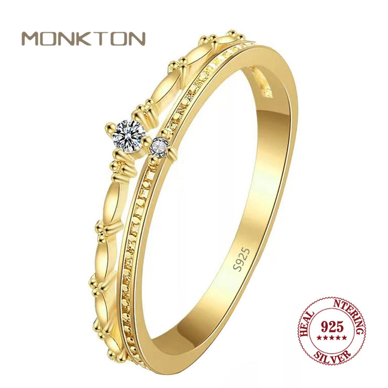 Monkton-Bagues de fiançailles couronne en argent regardé S925 pour femme, 2 couches, plaqué or 14 carats, matiques en cone contre-indiquées, bijoux fins