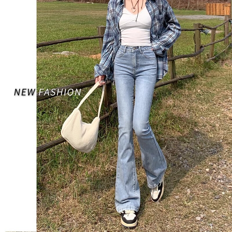 Light blue high-waisted micro-large jeans female spring new high-waisted elastic Slim thin versatile horseshoe flare pants