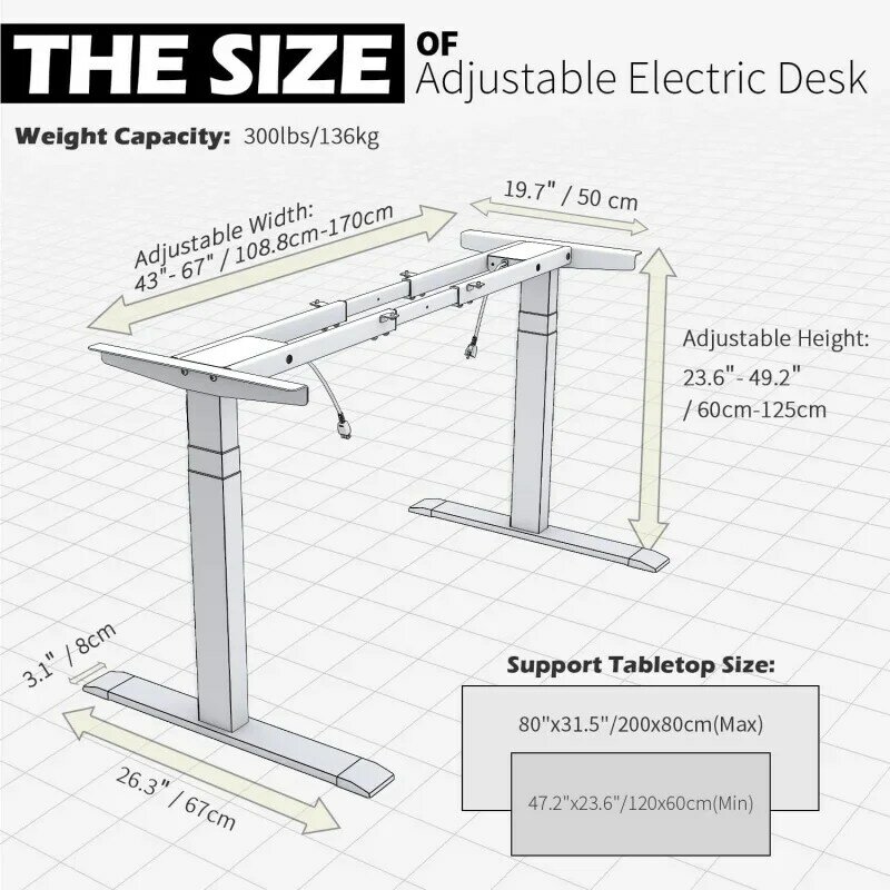 Topsky โครงโต๊ะพับได้ไฟฟ้าแบบปรับได้มอเตอร์คู่3ระดับความจุโหลด300lb สำหรับสำนักงานบ้าน (กรอบสีดำบน)
