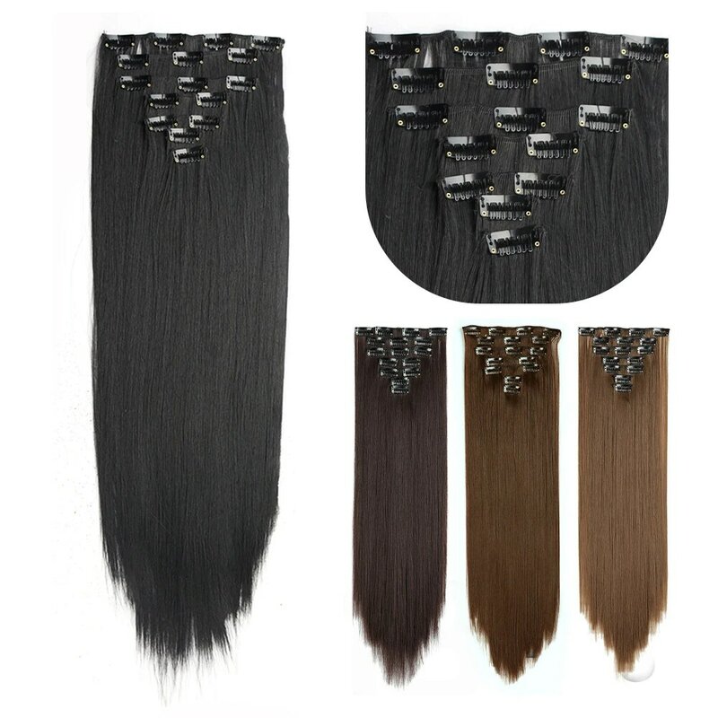 Extensions de cheveux synthétiques longues droites pour femmes, 16 clips, fibre haute température, noir, marron, blond, postiche, 7 pièces par ensemble