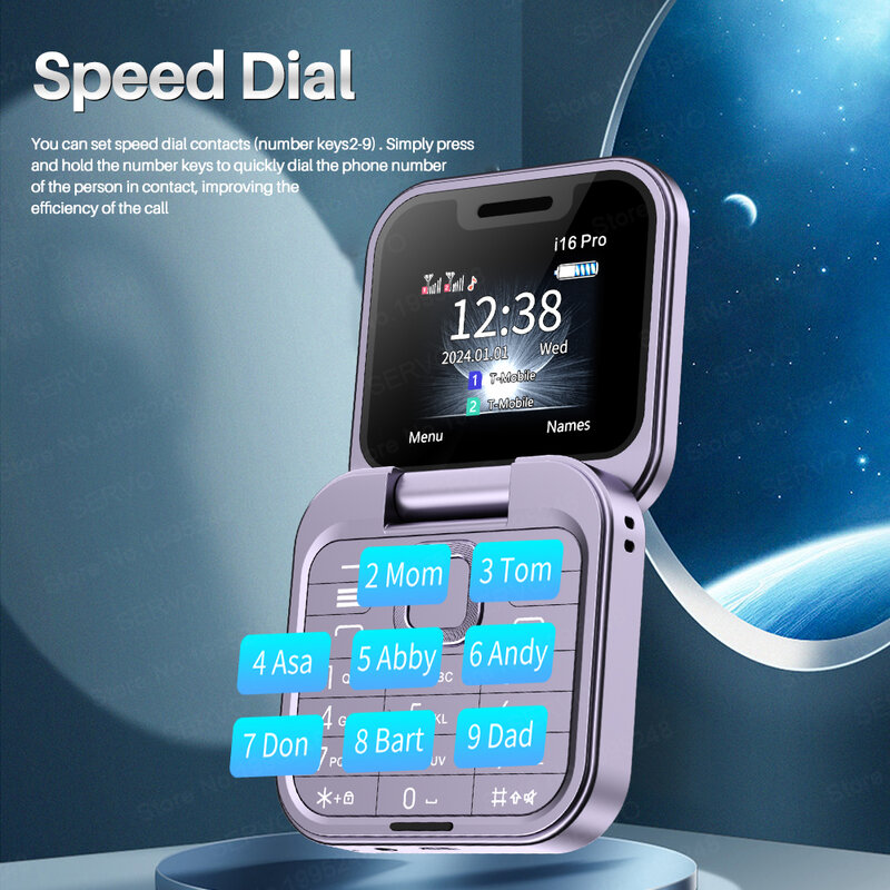 SERVO-Mini Fold Mobile Phone, Dual SIM Card, Rádio FM, Vibração Voz Mágica, Lista Negra Speed Dial, 1,77 "tela do telefone quadrado, i16 Pro