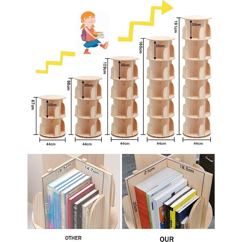 ชั้นหนังสือหมุนได้360องศา, ชั้นวางหนังสือไม้เนื้อแข็ง4ชั้นวางซ้อนกันได้ชั้นวางหนังสือสำหรับเด็ก