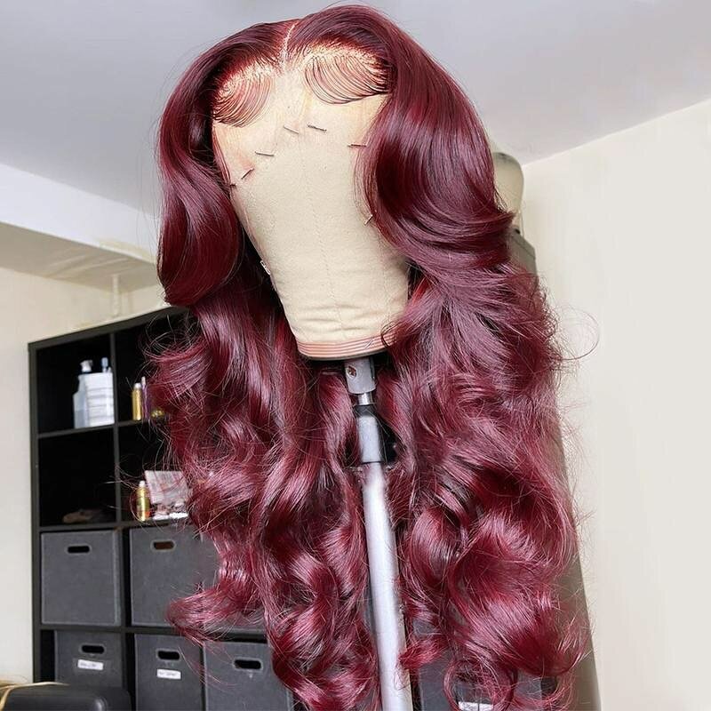 99J Body Wave Wig Human Hair 13x6 HD Lace Frontal Wig Burgundy Colored Lemoda 13x4 Full Frontal Lace Wig 30 32 Inches 12A Grade