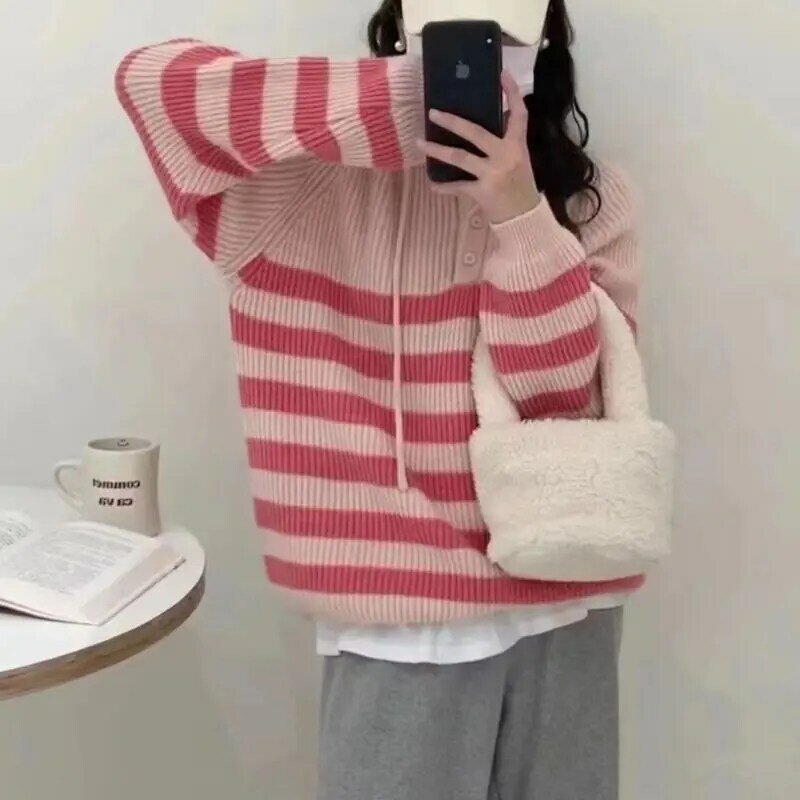 Kardigan Rajut Bertudung Garis-garis Mode Korea Sweter Wanita Longgar Kasual Musim Gugur Musim Dingin Mantel Ritsleting Lengan Panjang Atasan Pakaian J127