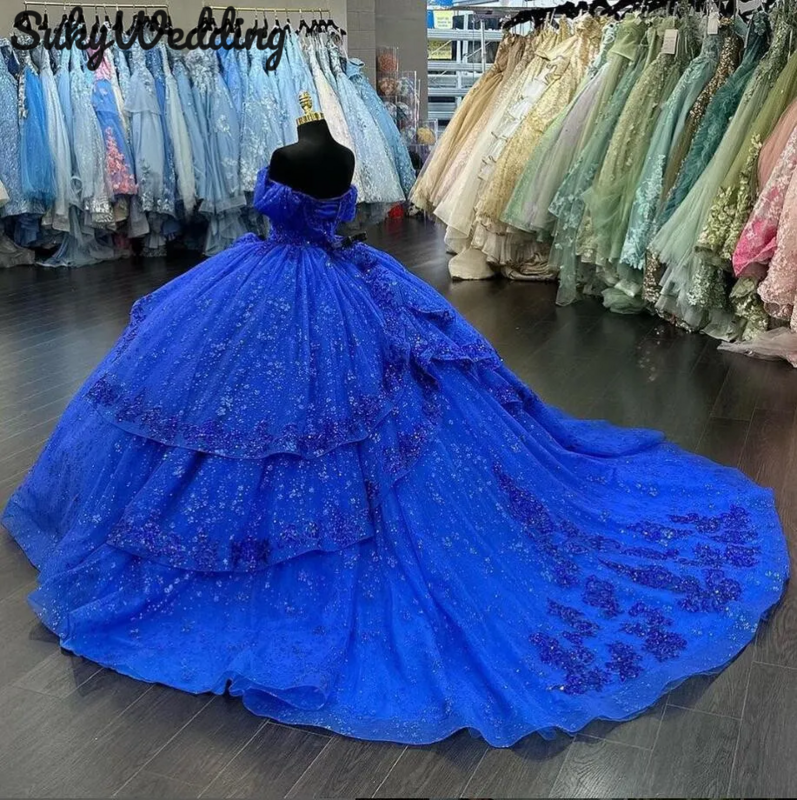 Luxury Royal Blue Quinceanera Dresses Off Shoulder Applique Glitter Skirt Sweet 16 Prom Ball  Gowns vestido de 15 quinceaneras