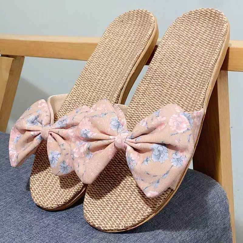 Zapatillas de suela plana de lino de una palabra para mujer, Zapatillas de casa transpirables con lazo Floral, antideslizantes, de verano, envío gratis, nuevas
