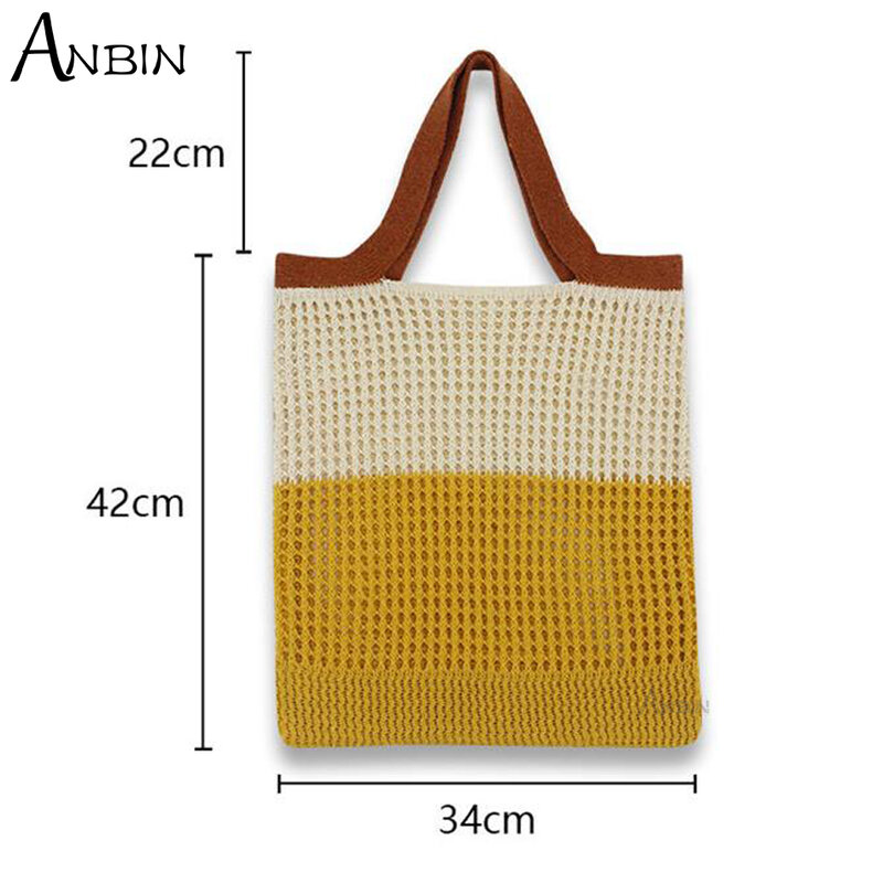 Versátil tricô de lã feminina sacos de crochê design colorblock oco para fora grande capacidade praia ombro sacola de compras