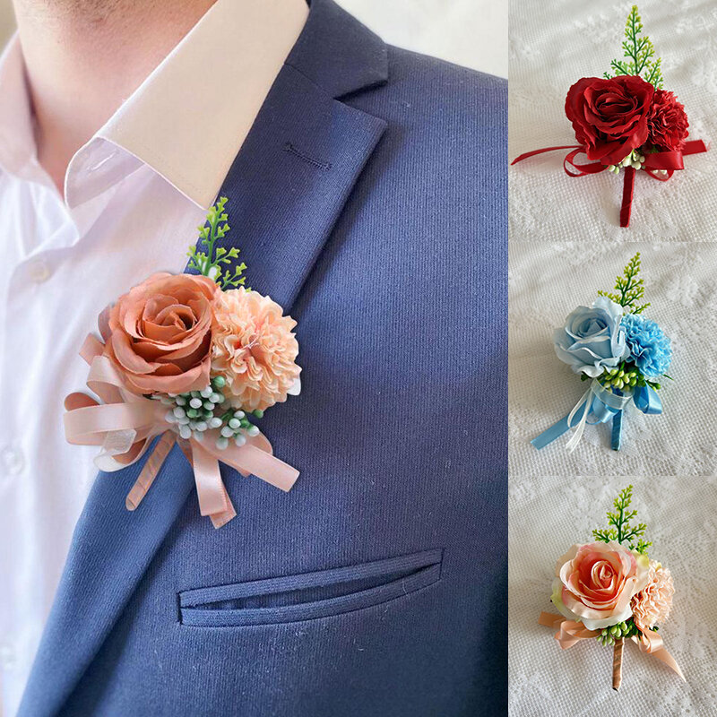Men Boutonniere Rose Brooches Pins Bride Wedding Wrist Corsage Groom Ceremony Silk Roses Flower Lapel Party Brooch Marriage Pins
