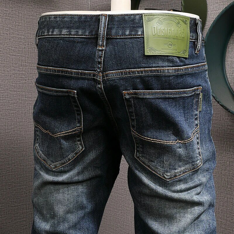 Nowo designerskie modne dżinsy męskie wysokiej jakości niebieskie w stylu Retro elastyczne Slim Fit porwane jeansy męskie spodnie w stylu Vintage spodnie dżinsowe Hombre