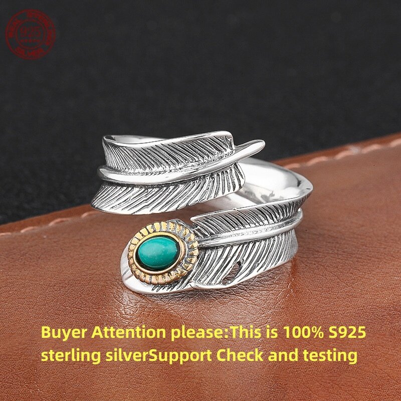 S925 Srebrny regulowany pierścionek z turkusowymi piórami dla mężczyzn i kobiet Spersonalizowany pierścionek z inkrustowanym palcem wskazującym w stylu retro