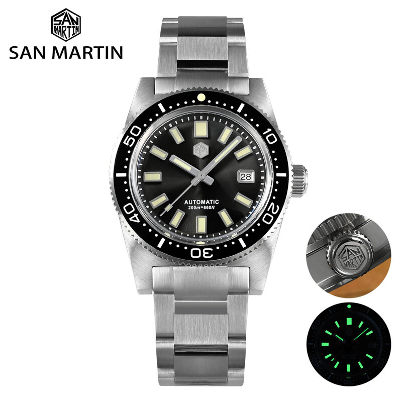 San Martin-Relógio de mergulho automático masculino, relógios mecânicos, luminoso, clássico, Luxury Sapphire, data, 37mm, PT5000, SW200, 20Bar, 62mas, Novo
