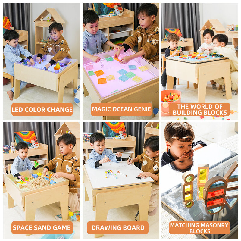 XIHATOY-infantil Montessori madeira maciça multifuncional tabela Lightbox, LED Visual cor jogo Puzzle, Tabela Bloco Educação precoce