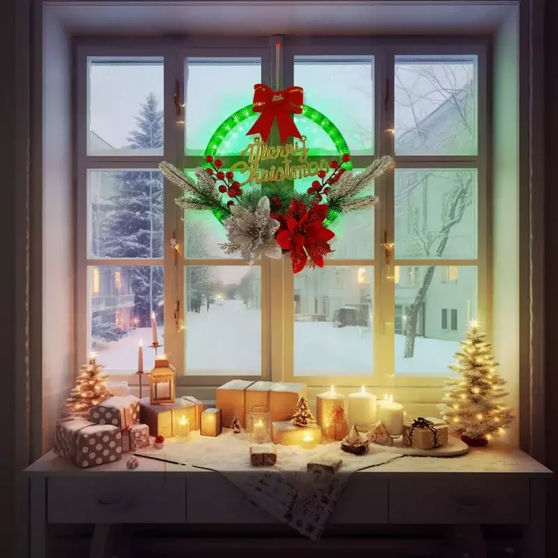 Dekorasi dinding pintu karangan bunga Natal Led, lampu karangan bunga pintu bersinar Led lingkaran pintu Natal