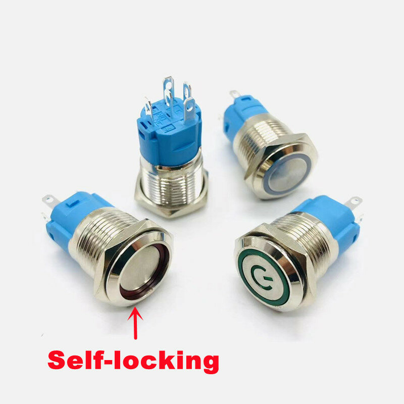 12 16 19 22mm Waterproof Metal Push Button Switch LED Light Momentary Latching Car Engine Power Switch 5V 12V 24V 220V Red Blue